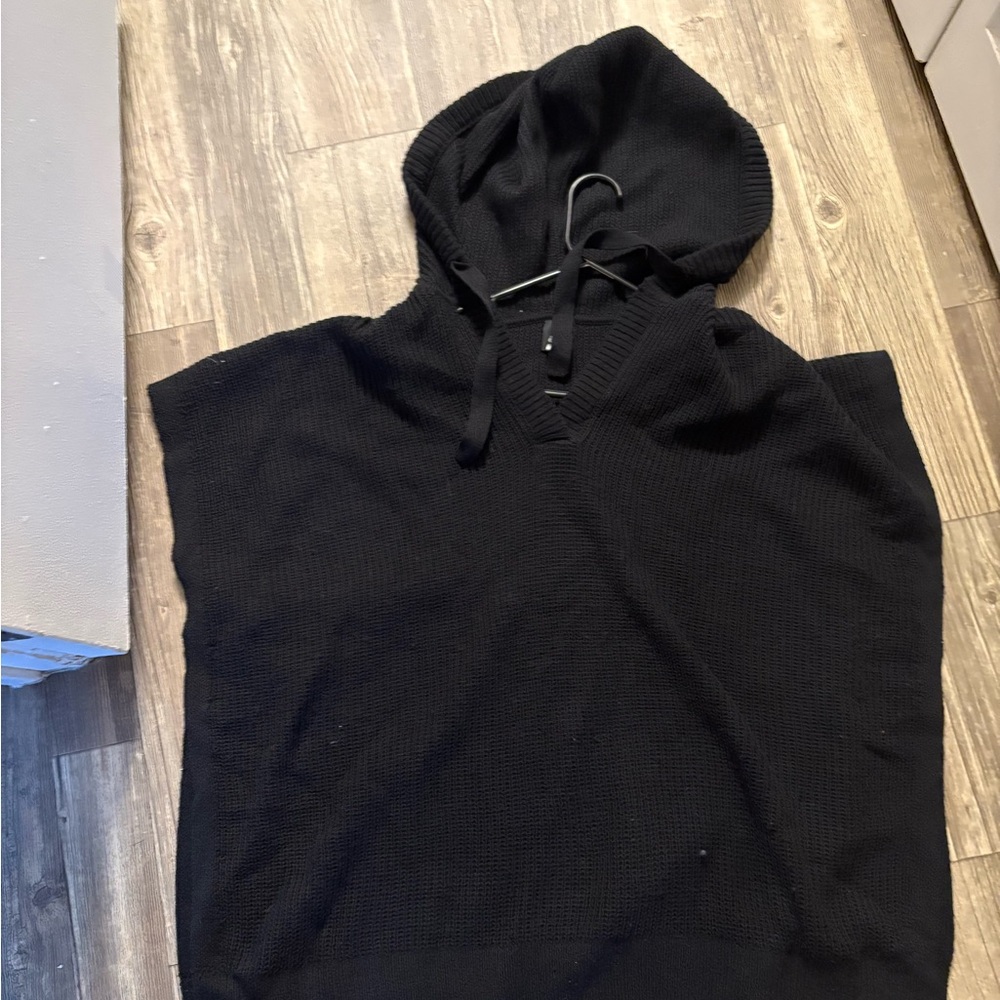 Echo Design Black Hooded Poncho Sweater Waffle Knit Capes